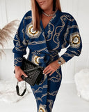 Independent Station Autumn Printed V-Collar Stylish Long-Sleeved Dress-Outfit