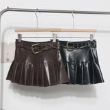 Real Shooting Merard High-Rise Thin Pu Skin 100 Folded Dress Small Babes A Short Skirt With Belt