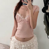 Lace Splicing Chest Type Skinny Thread Knitted Blouse 2023 Square Neckline Lace Spicy T-Shirt Girl-Outfit