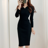 Long Sleeve Knitted Dresses for Women Party Robe Female Autumn 2023 Retro V-neck Bodycon Dress Korean Slim Waist