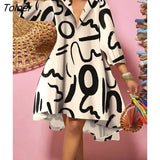 Print A-line Dress Women V-neck Long Sleeve Big Hem Loose Vintage Dress 2022 Elegant Ladies Party