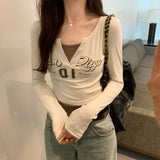 Color Splicing Fake Two Long-Sleeved T-Shirts Women's Autumn New V-Collar Jackets-Outfit