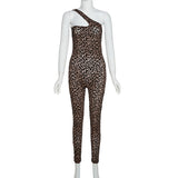 Leopard Print Mesh Skinny Jumpsuit Women One Shoulder Sleeveless Patchwork Fitness Party Activewear Basic Wild Female