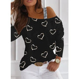 Yskkt Women's Pullover Sweatshirt Heart Printed Long Sleeve One Shoulder Tops Autumn Winter Sweat Shirts Woman Casual