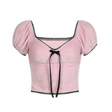 Casual Bow Sexy Fitted Short Sleeve T-shirt Sweet Pink Velvet Cropped Top Girls Tee Y2K Streetwear Contrast-Outfit