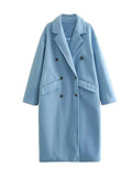 Breasted Blue Woolen Coat Women Lapel Collar Pockets Solid Long Wool Coat Winte Fashion Warm Loose Woolen