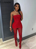 Women's Solid Lace Two Piece Set Sexy Strapeless Mini Dress+Elastic Mid-Waist Pants Pantyhose Streetwear Summer Outfits-Outfit