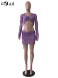 Summer Sexy Knit Bodycon Bandage Two Piece Skirts Set For Women 2023 Long Sleeve Backless Crop Top And Booty Mini
