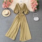 Vintage Blue/Black/Yellow Romper Women Casual V-Neck Short Puff Sleeve High Elastic Waist Elegant Wide Leg Jumpsuits Female