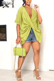 Front Draped Baggy Basic T-shirts for Women Simple Plunge V-neck Short Sleeve Tops Casual Summer Solid Irregular