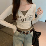 Color Splicing Fake Two Long-Sleeved T-Shirts Women's Autumn New V-Collar Jackets-Outfit