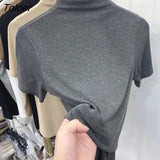 Short Sleeves Women T-shirts Summer New 2022 Turtleneck Solid Slim Elastic Long-sleeved Female Buttoming Pulls Top