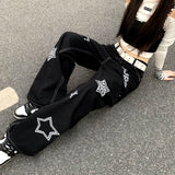 Women Street Jeans Retro Star Print Harajuku Wide-Leg Oversized Jeans High-Waist Casual Hip-Hop Black Trousers Autumn