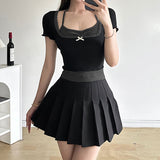 Bow Square Collar Waist Shows Thin Collision Color Two-Piece T-Shirt Sweet Girl Hanging Neck Short-Sleeved Blouse-Outfit