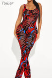 Leaves Print Mesh See Through Jumpsuit Woman Scoop Neck Sleeveless Bodysuits Vintage Holiday Vacation Beachwear