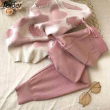 Love Printing Knitted 2 Piece Tracksuit Women Summer Short Sleeve Beading Sweater Female Tops+pants Pink Casual