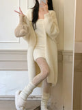 Winter Pure Color Elegant Knitted Long Coats Women Casual Faux Fur Cardigan Sweater Office Lady Y2k Clothing Korean