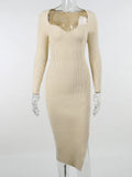 Knit Knee Length Dresses For Women Sexy Square Collar Elegant Long Sleeve Bodycon Side Split Chic Fall Fashion