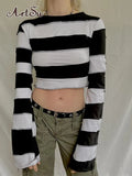 Black White Striped Crop Tops Long Sleeve Tee Shirt Preppy Casual Skinny Basic Tshirt Pullovers Harajuku Y2K