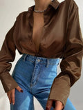 Satin Long Sleeve Blouses Women 2022 Vintage Blue Green Silk Shirt Women Casual Loose Button Up Female Shirts