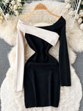 Spliced Fashion Knitted Dress Women Long Sleeve Elastic Waist Short Sweater Dress 2022 Winter Sexy Bodycon Warm