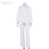 Causal Loose Home Suit Autumn Long Sleeve Blouse With High Wasit Pants Set Women Elegant Pleated Beige 2 Piece Pant