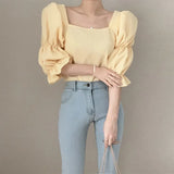 Chic Sweet Women Solid Tops 2023Summer Blouse Square Collar Shirring Bubble Sleeve Blouse Elegant Shirt Blusas