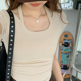 Desire Hot Girls Design Sense To Hang Neck U-Collar Short-Sleeved T-Shirt Summer New Style Waist Shows Slim All Kinds Of Short Style Blouse Trend-Outfit