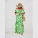 Hot Selling A Word-Collar Print Lotus Leaf Side Temperament Dress Dress