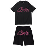 Devil Island Rose Red Letter Printed Short-Sleeved T-Shirt Casual Shorts Set For Men And Women-Outfit