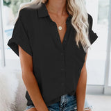 Summer Office Lady Solid Tops and Blouses Casual Turn-drow Collar Shirt for Women Elegant Short Sleeve Loose