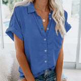 Summer Office Lady Solid Tops and Blouses Casual Turn-drow Collar Shirt for Women Elegant Short Sleeve Loose