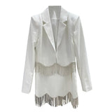 TWOTWINSTYLE Patchwork Chain Tassel Hem Two Piece Set Womens V Neck Long Sleeve Tops High Waist Mini Skirt Solid Sets Female