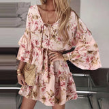Bohemian Women Floral Printed Dress 2022 Celmia Summer Lace Up V Neck Beach Party Mini Vestidos Elegant Flared Sleeve