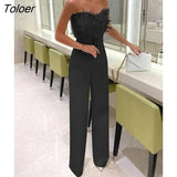 Women 2023 Elegant New Female Jumpsuit Feather Bra Sexy Birthday Club Wear White Maxi White Black Blue Pink
