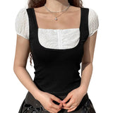 Women Sweet T-shirt Crop Tops Summer Clothes Short Sleeve Square Neck Slim Fake Two-piece Tops Female Clothing Streetwear-Outfit