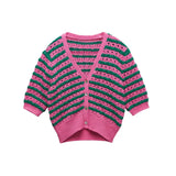 Women's Button Down Sweater Crop Tops, Elegant Sexy Hollow Out Short Sleeve V Neck Striped Print Knit Cardigan Women's Clothing-Outfit