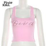 Y2k 2000s Tank Tops Womans Cute Rhinestone Letter Pink Crop Top Womens Clothing Summer 2023 Graphics Tees