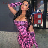 Houndstooth Print Mini Dress Hot Pink Strapless Off Shoulder Bodycon Dress With Gloves for Birthday Party Club