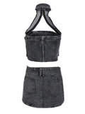 Women's Denim 2 Pcs Set Halter Hollow Out Camis High Waist Slim Black Belt Skirt Suits 2024 Summer New Fashion 11D10231-Outfit
