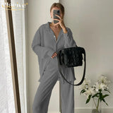 Causal Loose Home Suit Autumn Long Sleeve Blouse With High Wasit Pants Set Women Elegant Pleated Beige 2 Piece Pant
