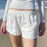 Style Buckle Solid Color Simple Woven Shorts Loose Waist Loose 100-Lap Spliced Lace Casual Trousers-Outfit