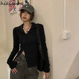 T-shirts Women Chic Tunic Long Sleeve Woman Tshirts Y2k Tops Single-breasted Irregular Tees Tops 2023 Blusas Mujer De