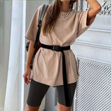 Biker Shorts Tracksuit 2 Pieces Set Female Solid Sets With Belt Half Sleeve 2021 Summer Streetwear Loose Casual New