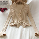 Korean Sweet Summer Cardigans Vintage Office Lady V Neck Flare Long Sleeve Ruffles Sweaters Japanese Knitwear