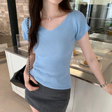 Pink V-Collar Ice Silk Knitted Short-Sleeved T-Shirt Women's New Summer Design Thin Slim Bottomed Blouse-Outfit