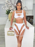 Summer Clothes Sexy 2 Two Peice Sets Women Outfits Sleeveless Crop Top Women Skinny Shorts Patchwork Mesh Matching