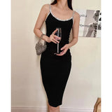 Sexy Black Dress For Women Round Neck Sleeveless High Waist Patchwork Diamonds Solid Midi Dresses Female