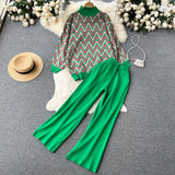 Winter Retro Casual Sweater Sets Women Rhombus Print Knitwear+Elastic Waist Long Wide Leg Pants Fashion Knit