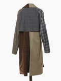 Women Khaki Plaid Color-block Big Size Trench New Lapel Long Sleeve Windbreaker Fashion Tide Spring Autumn 2023